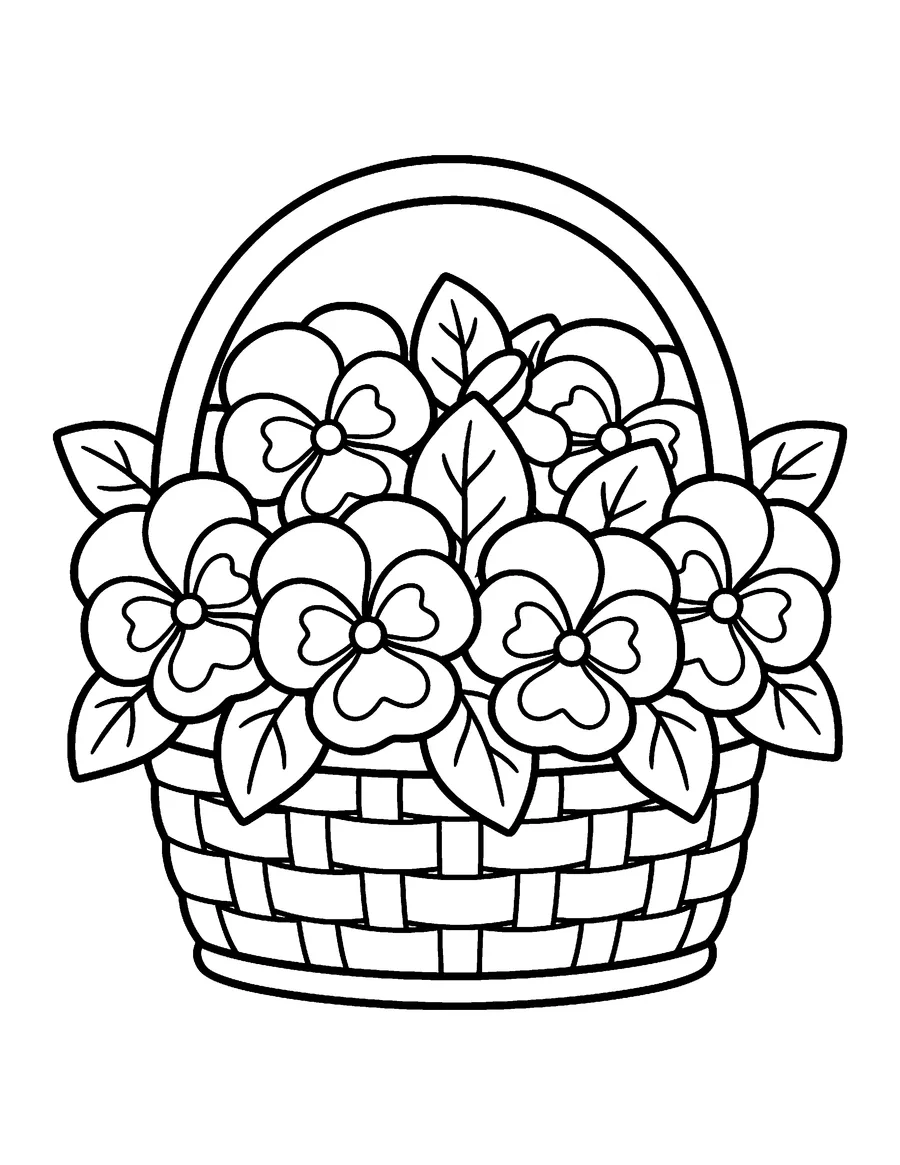 Coloring page: Woven basket full of pansies