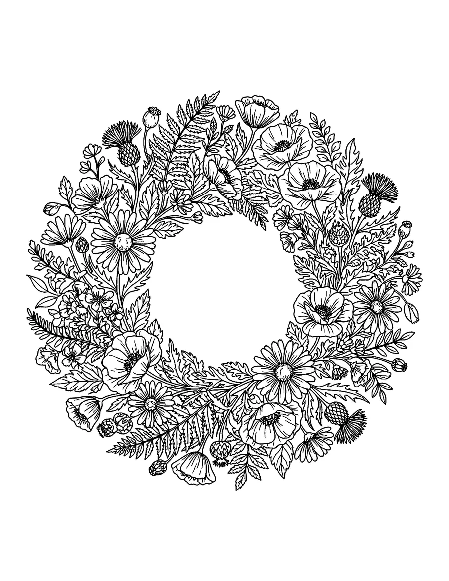 Coloring page: Wreath of wildflowers