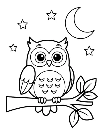 Coloring page: Cheerful owl perched under a crescent moon