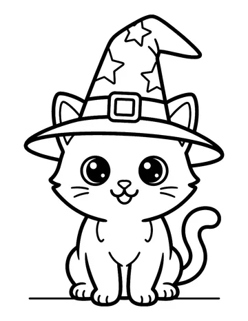 Coloring page: Cute black kitten wearing a pointed hat