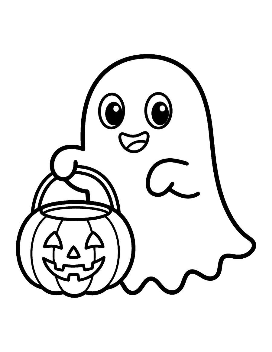 Coloring page: Friendly ghost holding a pumpkin bucket