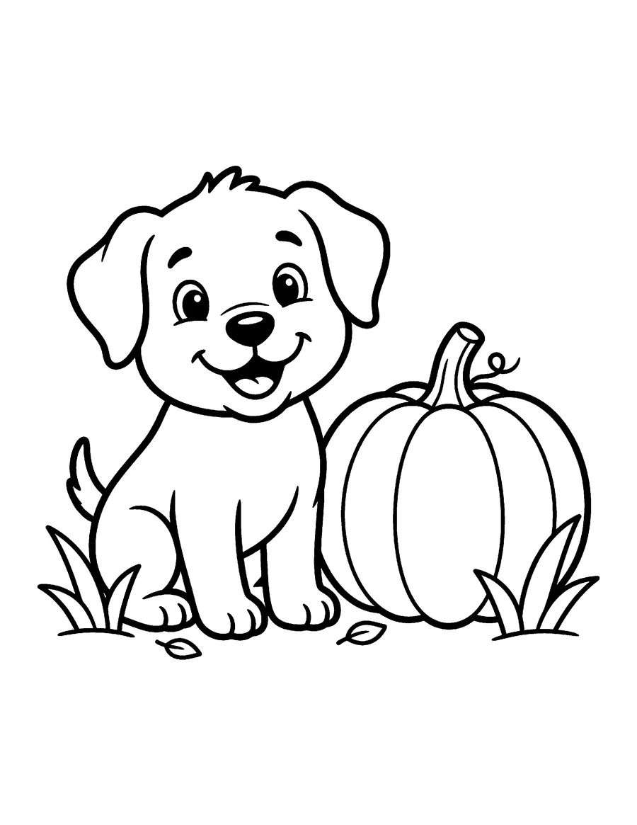 Coloring page: Happy puppy sitting beside a pumpkin