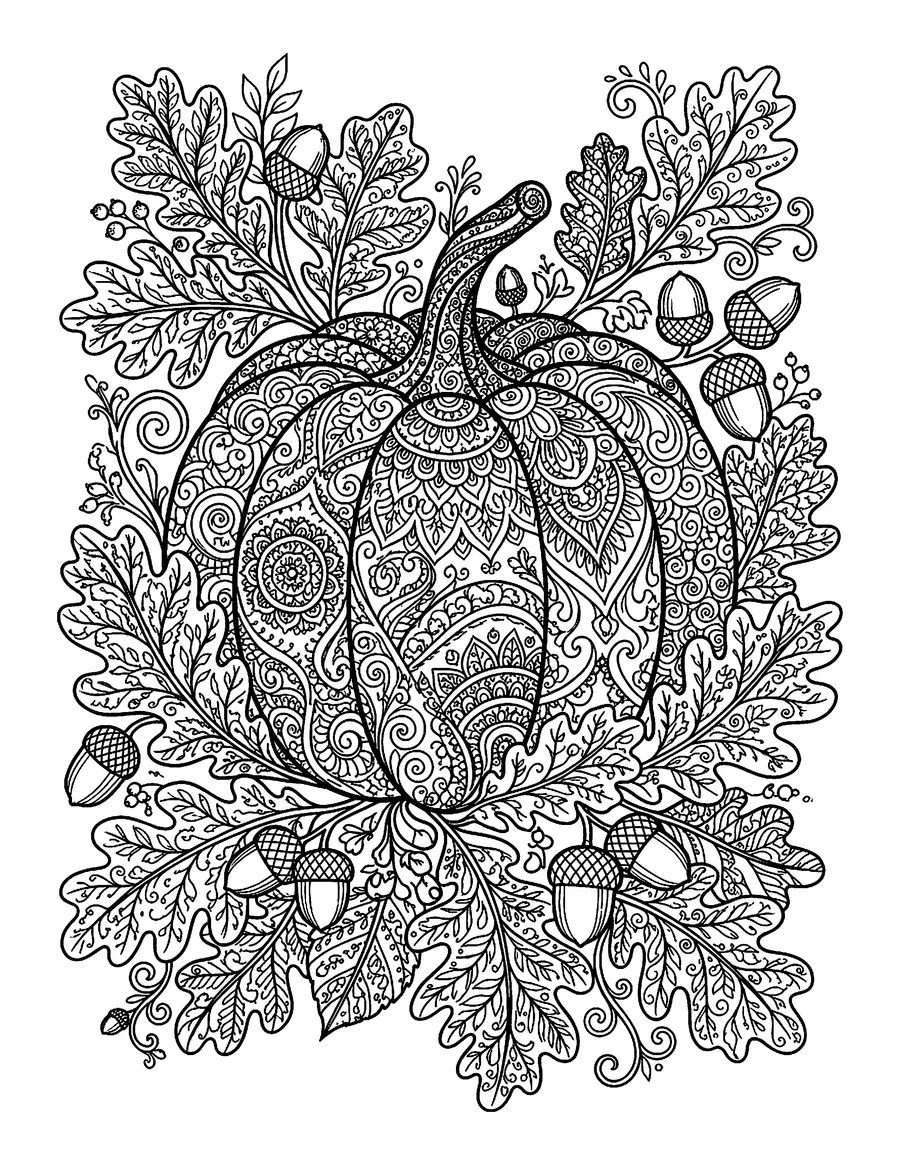 Coloring page: Ornate pumpkin surrounded by autumn oak leaves