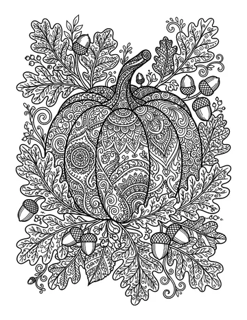 Coloring page: Ornate pumpkin surrounded by autumn oak leaves
