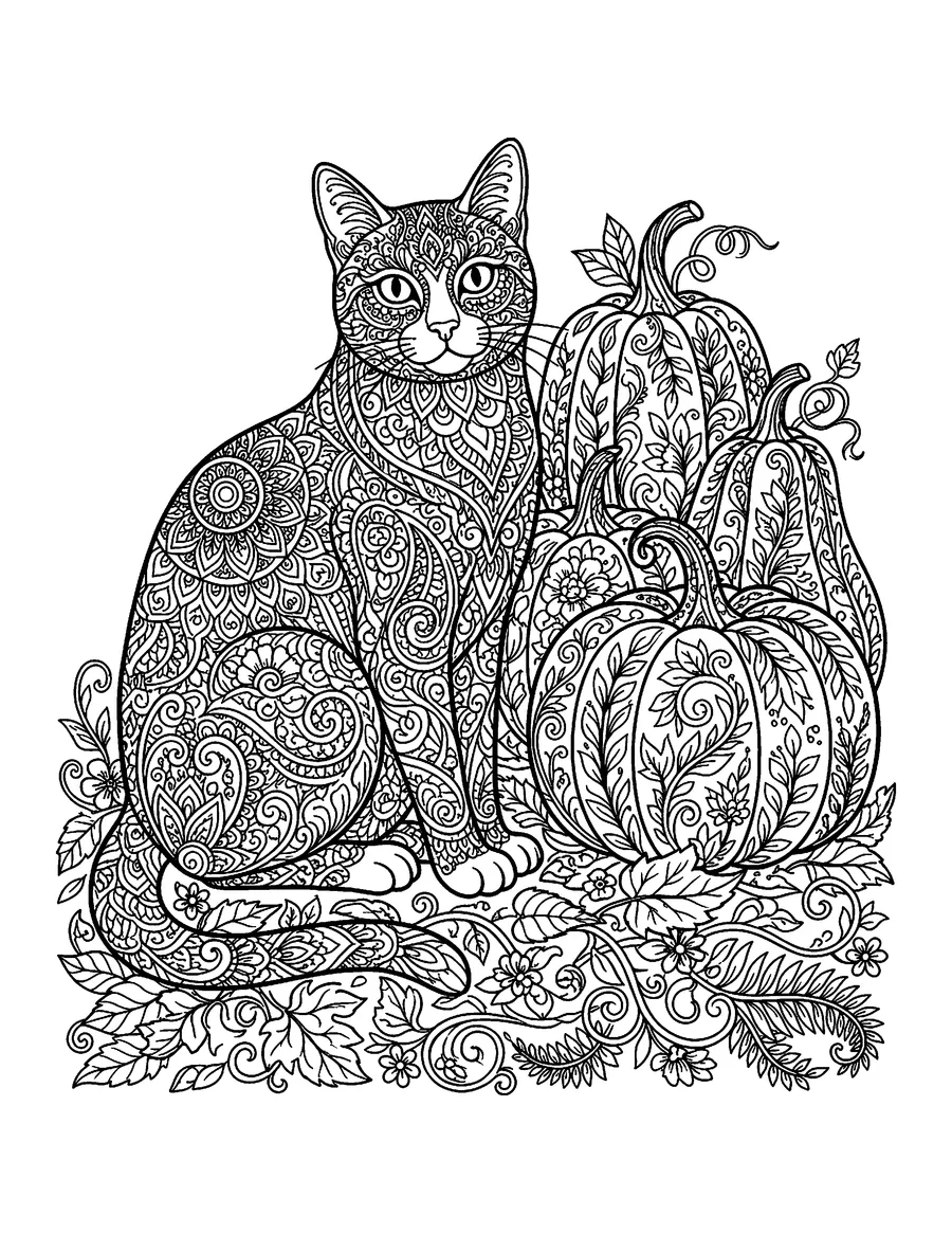 Coloring page: Patterned cat sitting beside botanical pumpkins