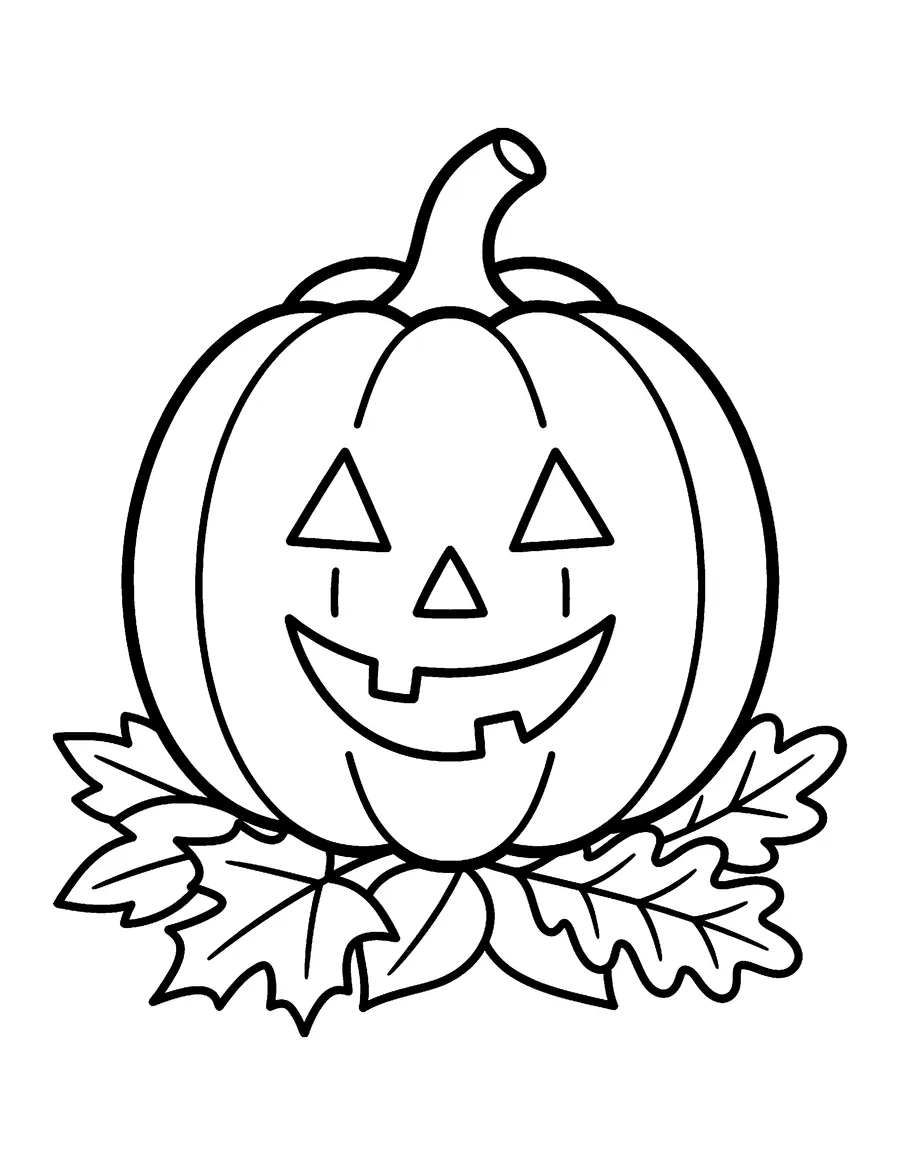 Coloring page: Smiling jack-o-lantern sitting on autumn leaves