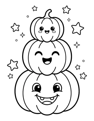 Coloring page: Stack of three smiling pumpkins with stars