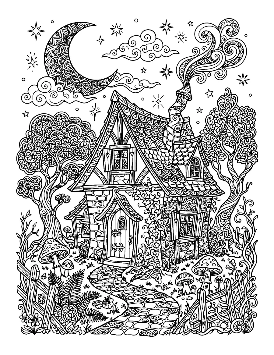 Coloring page: Whimsical crooked cottage under a starry moon