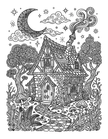 Coloring page: Whimsical crooked cottage under a starry moon