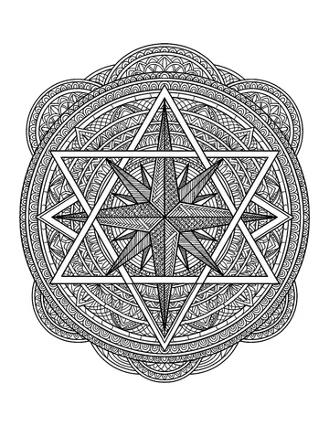 Coloring page: Compass rose mandala with interlocking triangles