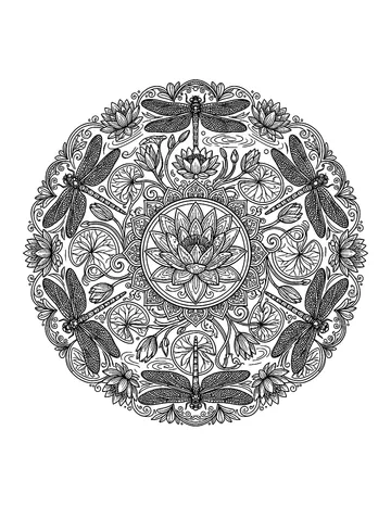 Coloring page: Dragonfly and water lily mandala