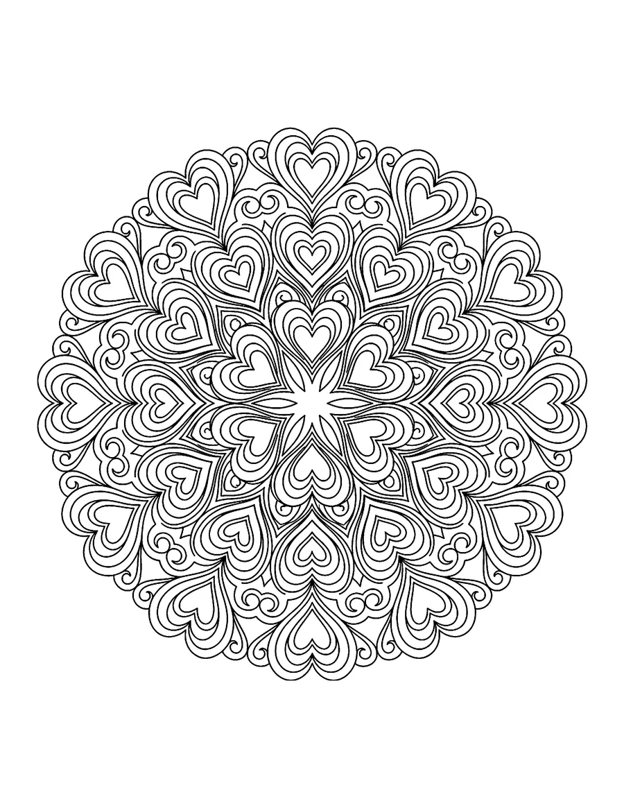Coloring page: Mandala with hearts and swirls