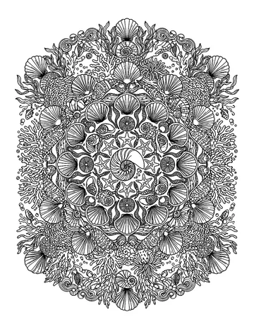 Coloring page: Seashell and coral reef mandala