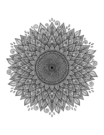 Coloring page: Sunflower blossom mandala with radiating seeds