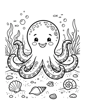 Coloring page: Cheerful octopus on a sandy seafloor