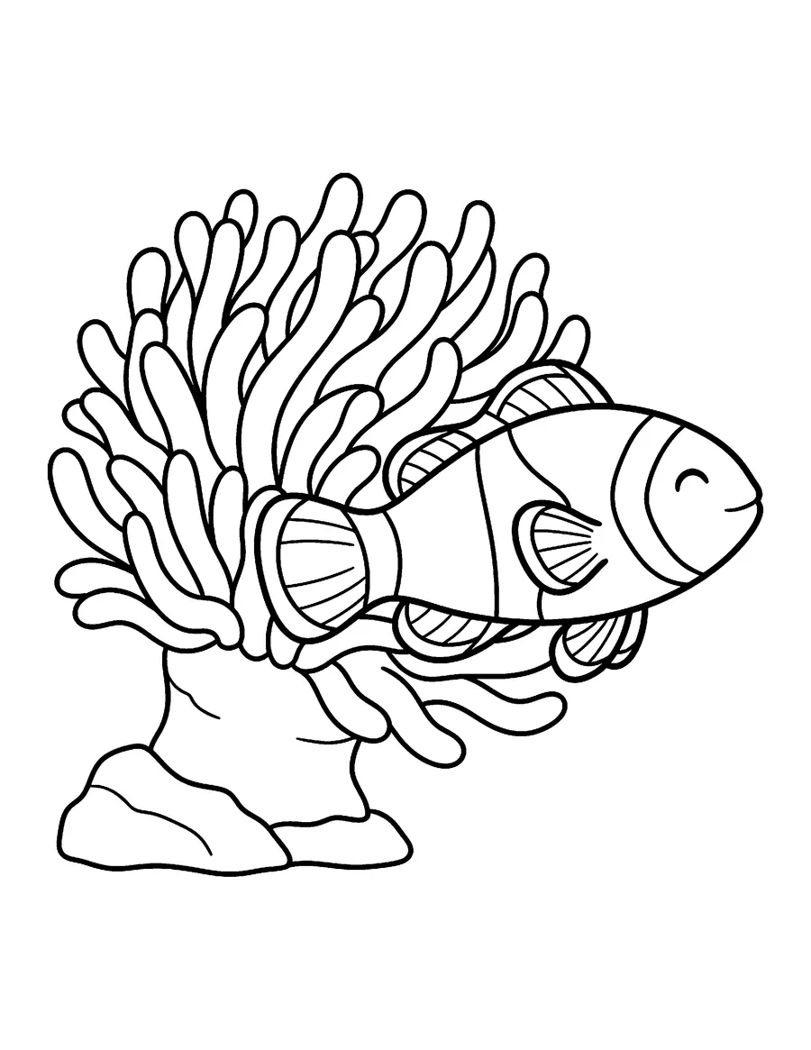 Coloring page: Clownfish swimming beside a sea anemone