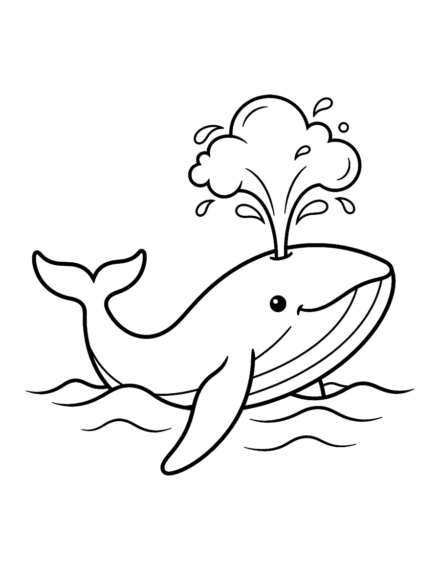 Coloring page: Happy whale spouting water at sea