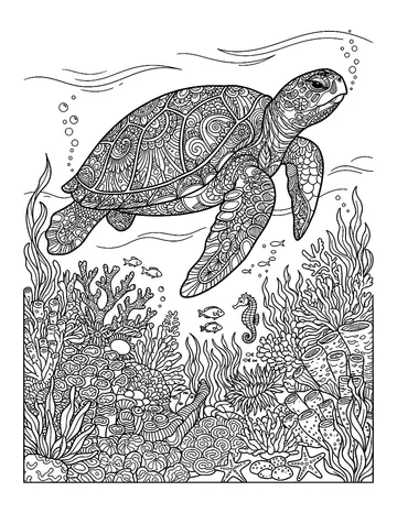 Coloring page: Ornate sea turtle over coral reef