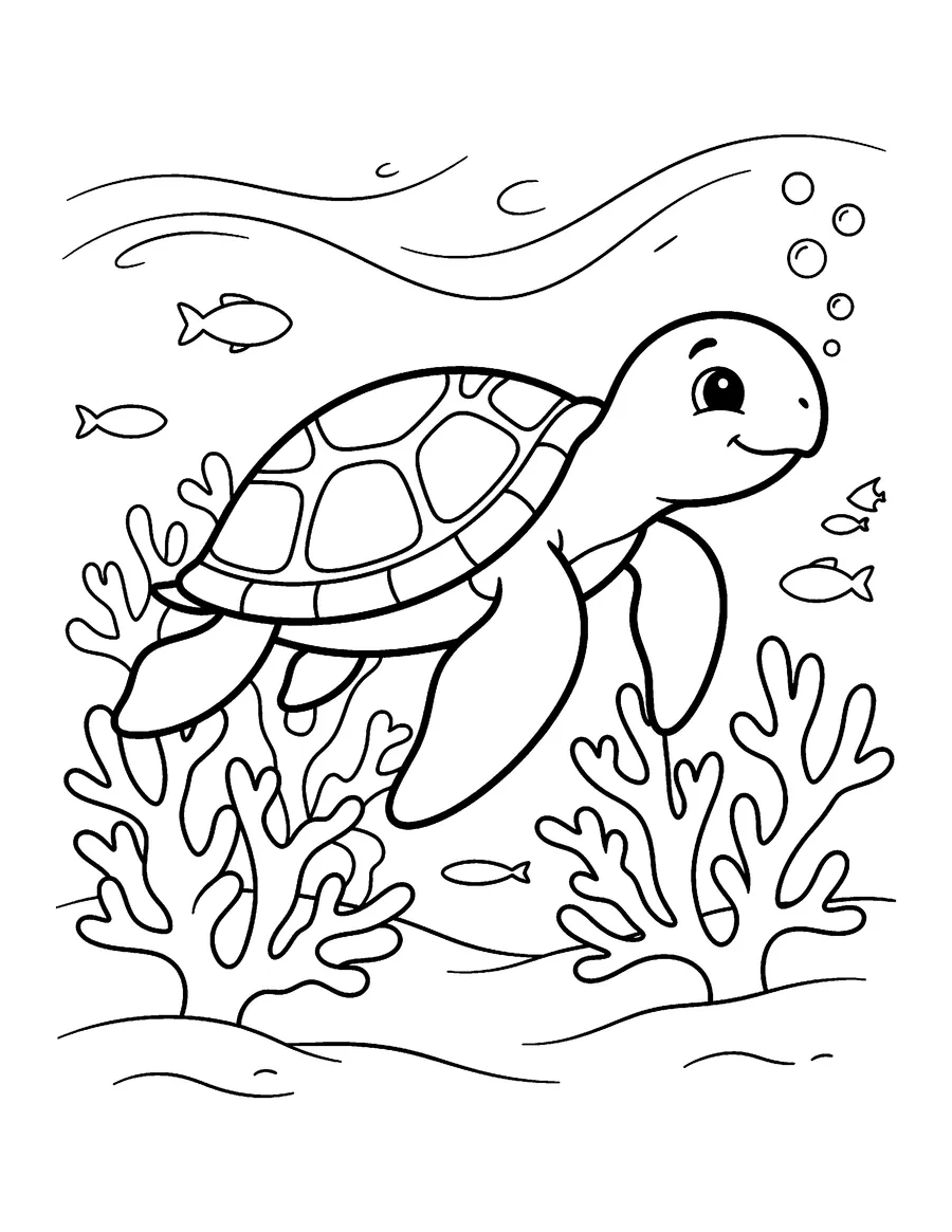 Coloring page: Sea turtle swimming past coral