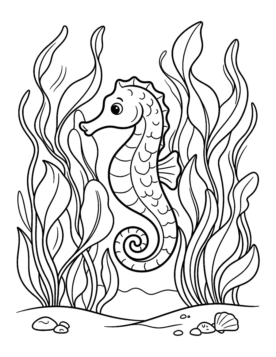 Coloring page: Seahorse floating near tall seaweed fronds