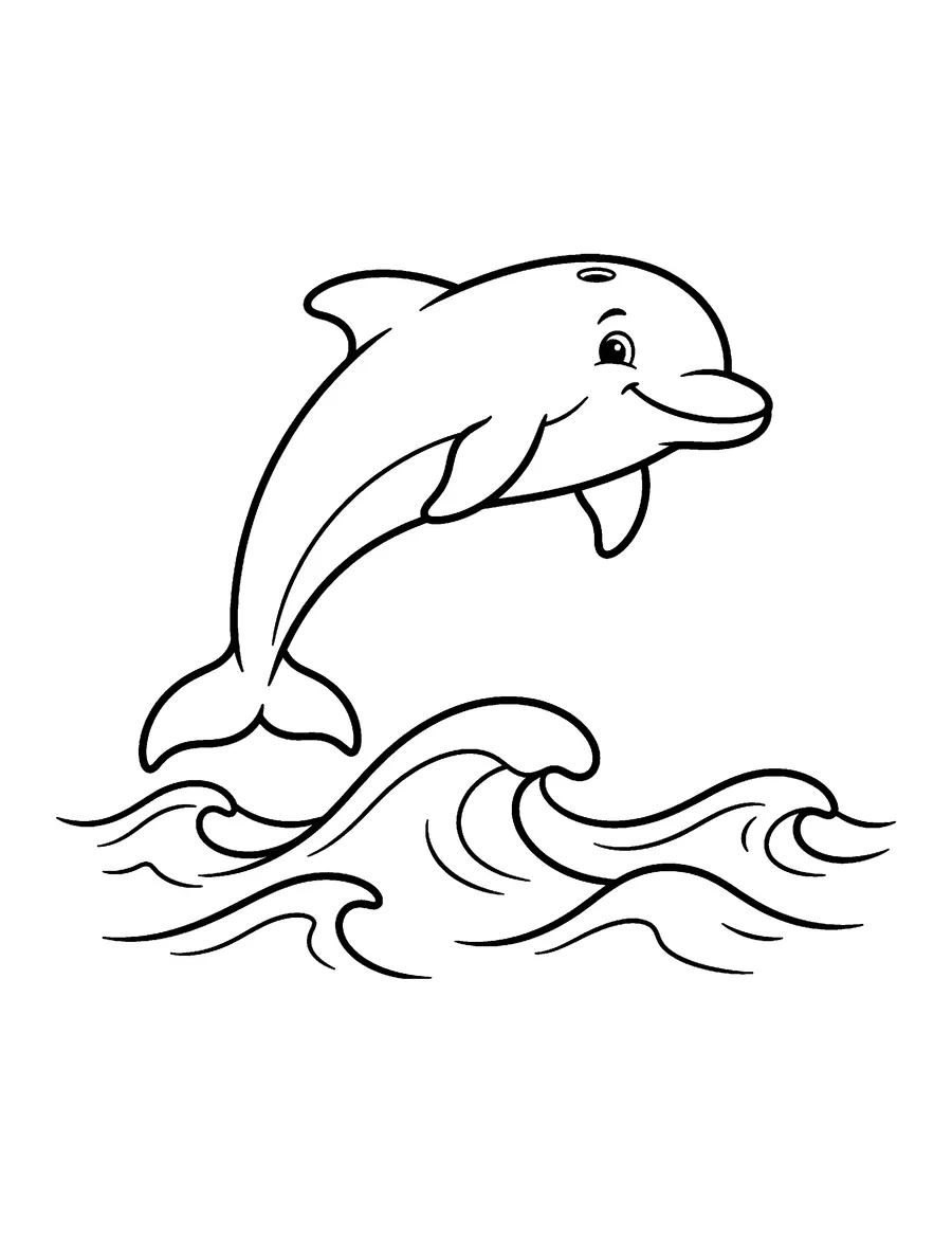 Coloring page: Smiling dolphin leaping over ocean waves