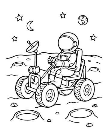 Coloring page: Astronaut driving a rover on a moon