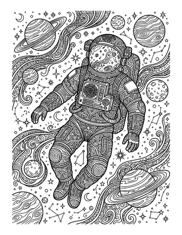 Coloring page: Astronaut floating amid cosmic nebulae