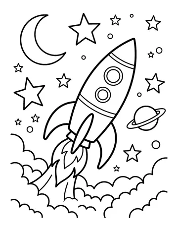 Coloring page: Classic rocket ship blasting past stars