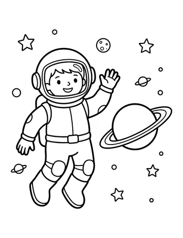 Coloring page: Floating astronaut beside a ringed planet