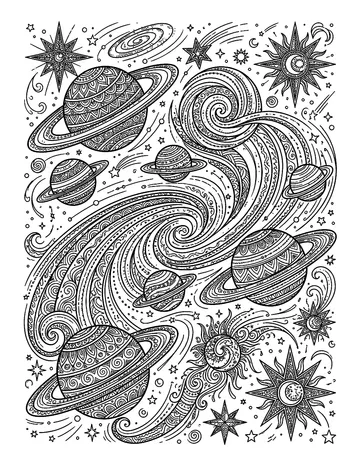 Coloring page: Intricate galaxy of ringed planets