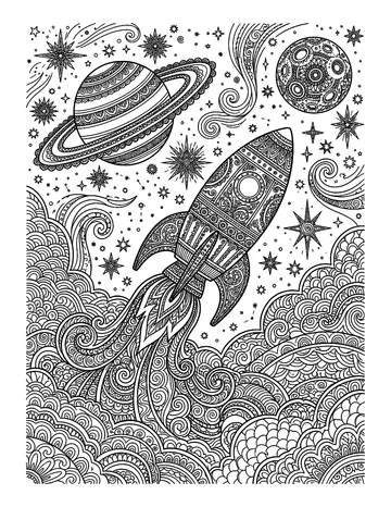 Coloring page: Ornate rocket launching toward a moon