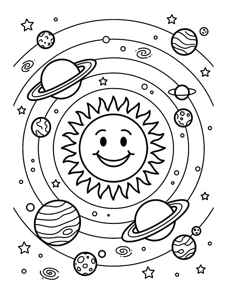 Coloring page: Smiling sun with orbiting planets