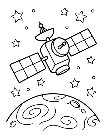 Coloring page: Space satellite orbiting above a planet