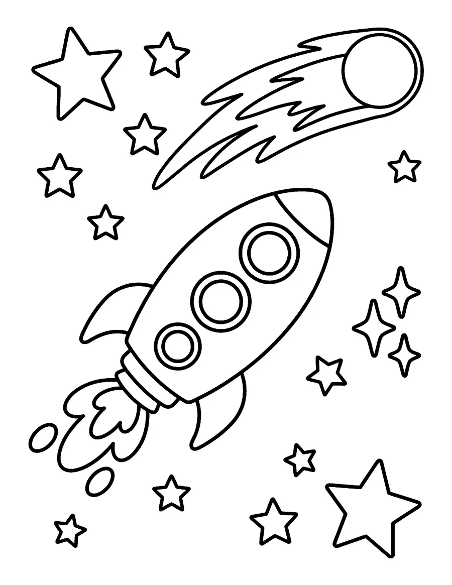 Coloring page: Spaceship flying past a streaking comet