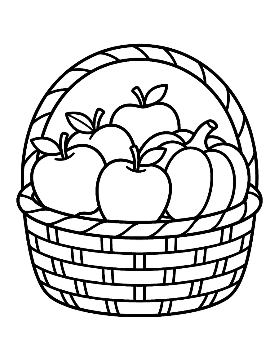 Coloring page: Basket of apples and pumpkins