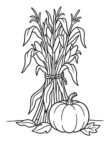 Coloring page: Bundle of dried corn stalks with a pumpkin