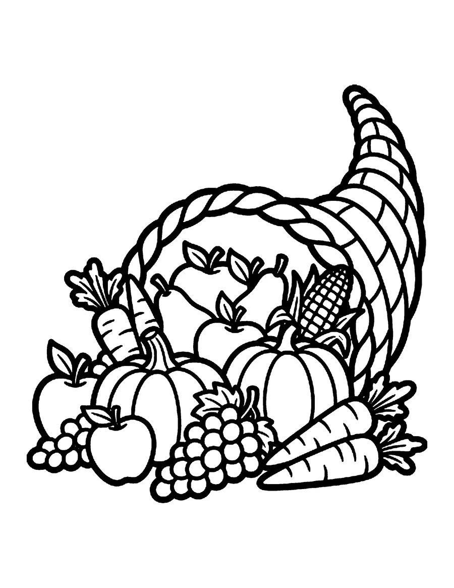Coloring page: Cornucopia full of fruits and vegetables