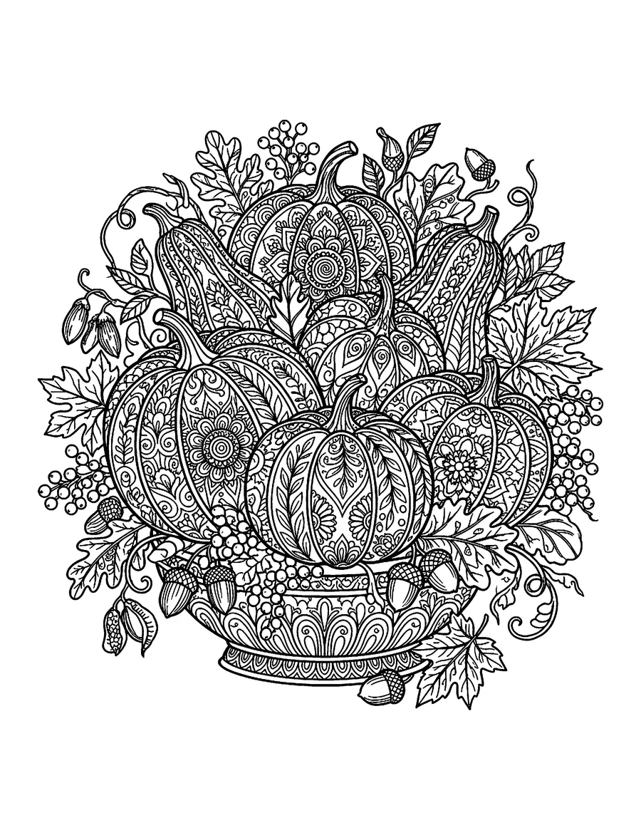 Coloring page: Decorative autumn centerpiece of patterned pumpkins and berries