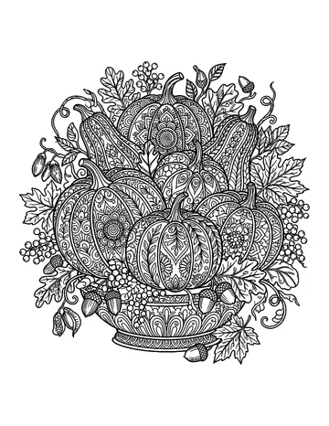 Coloring page: Decorative autumn centerpiece of patterned pumpkins and berries