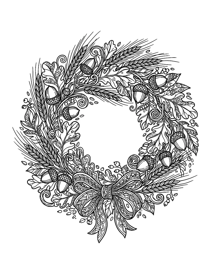 Coloring page: Ornate harvest wreath of wheat and acorns