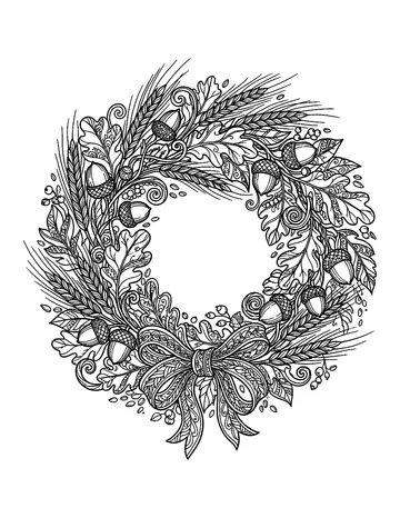 Coloring page: Ornate harvest wreath of wheat and acorns