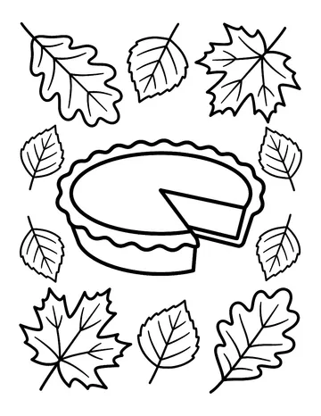 Coloring page: Pumpkin pie and autumn leaves