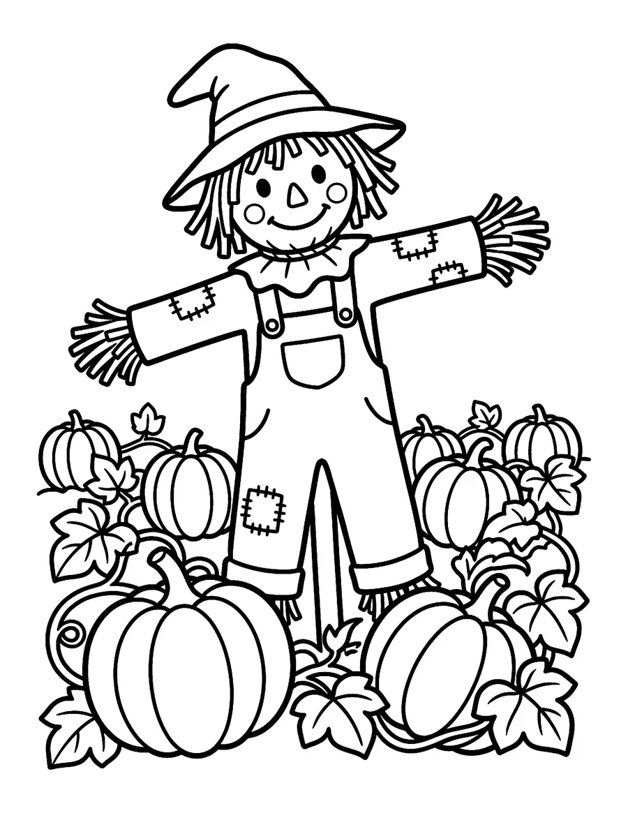 Coloring page: Scarecrow in a pumpkin patch