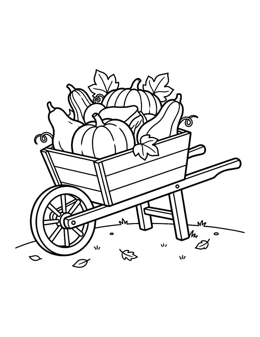 Coloring page: Wooden wheelbarrow full of harvest gourds