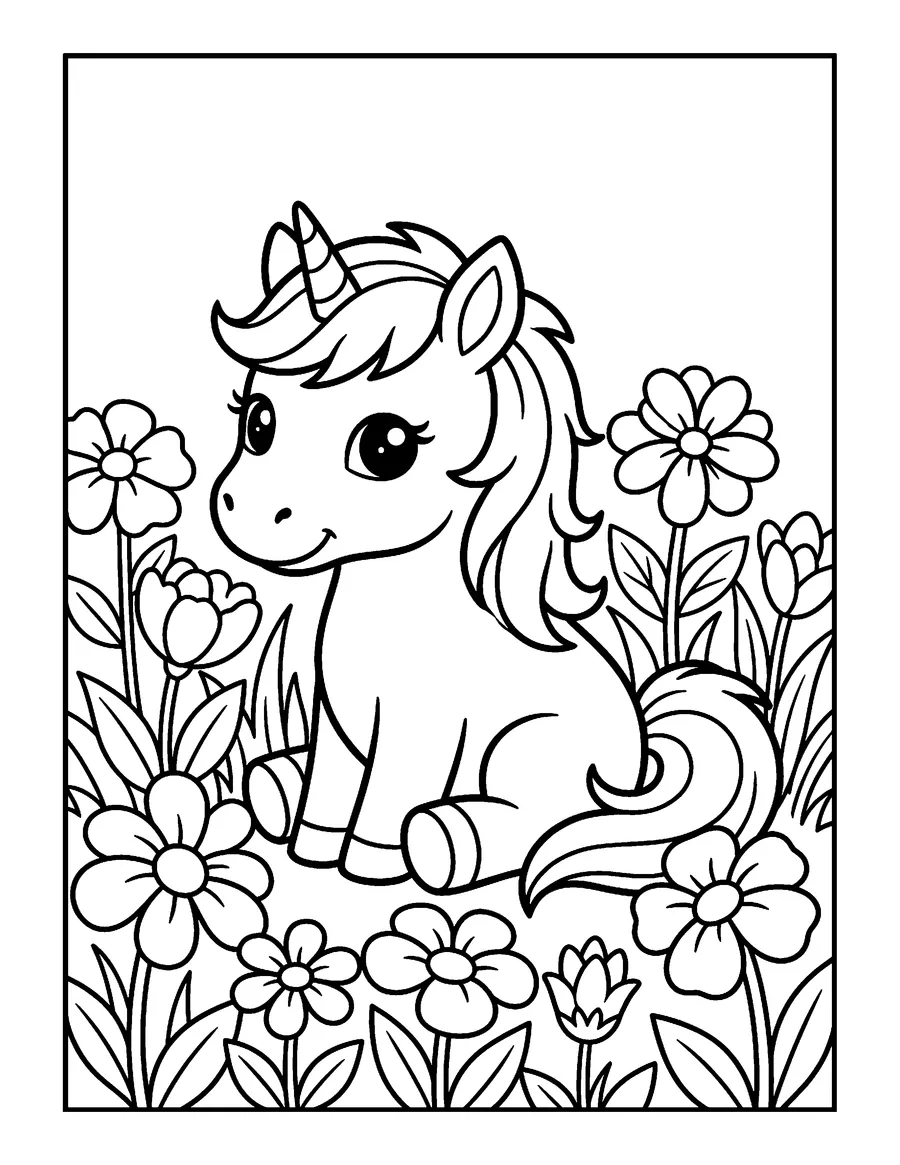 Coloring page: Baby unicorn in a flower field