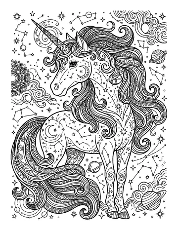 Coloring page: Celestial unicorn with zentangle mane and constellations