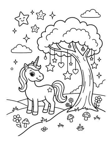 Coloring page: Friendly unicorn standing under a wishing tree