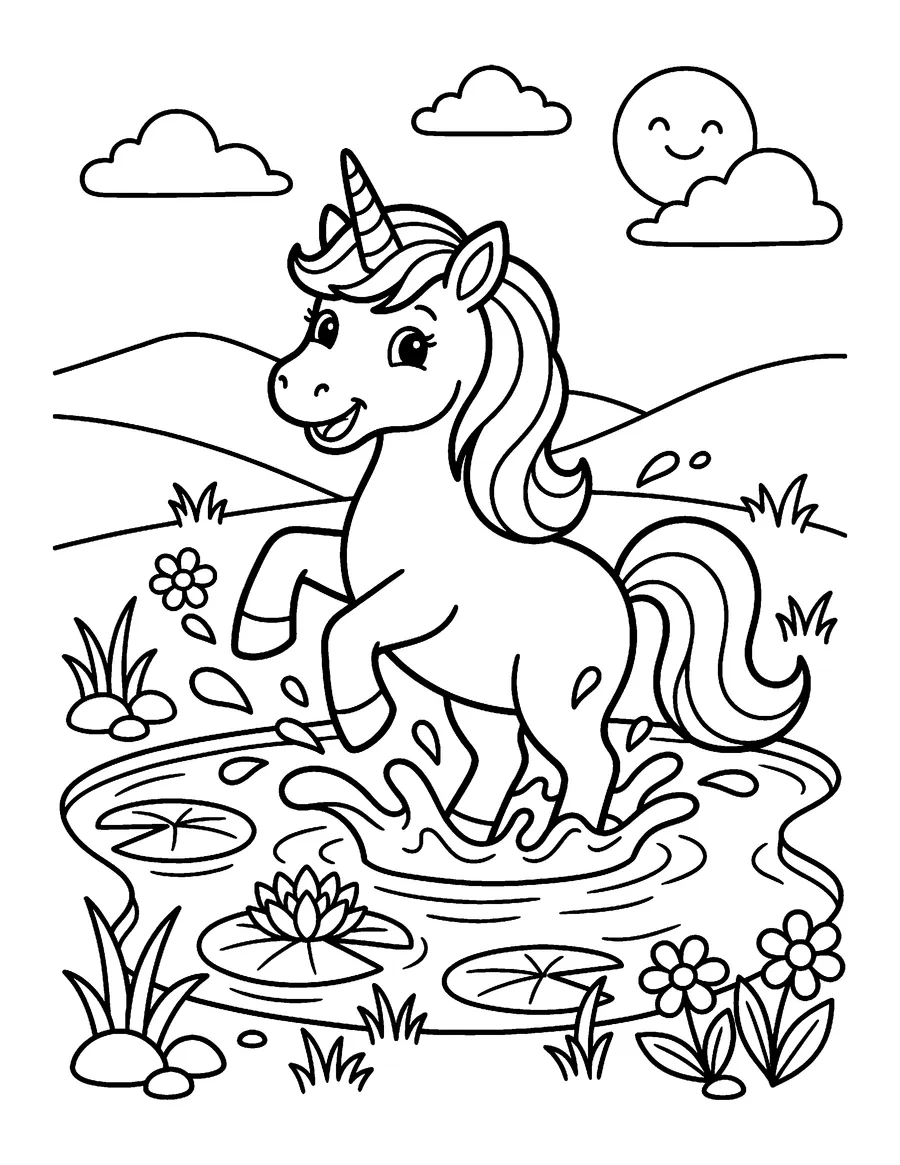 Coloring page: Happy unicorn splashing in a crystal pond