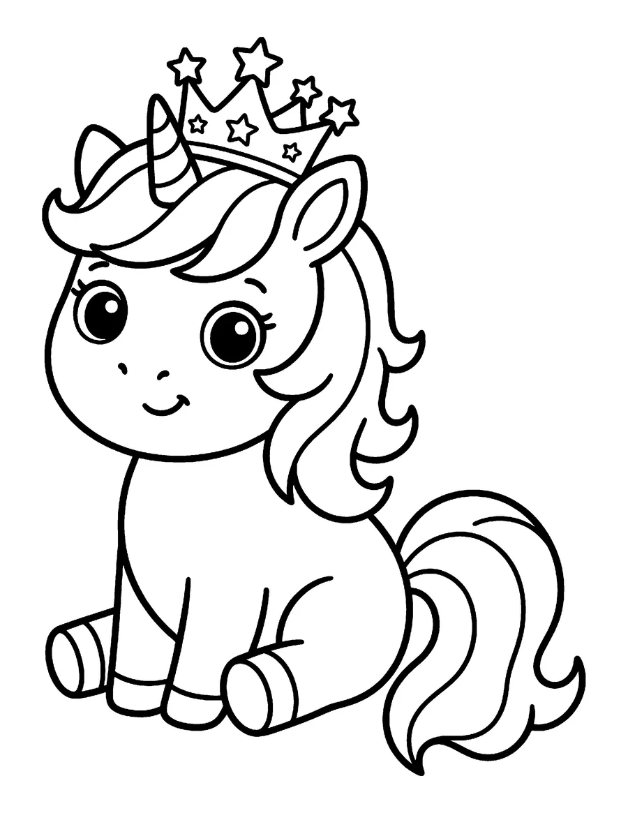 Coloring page: Little unicorn wearing a crown of stars