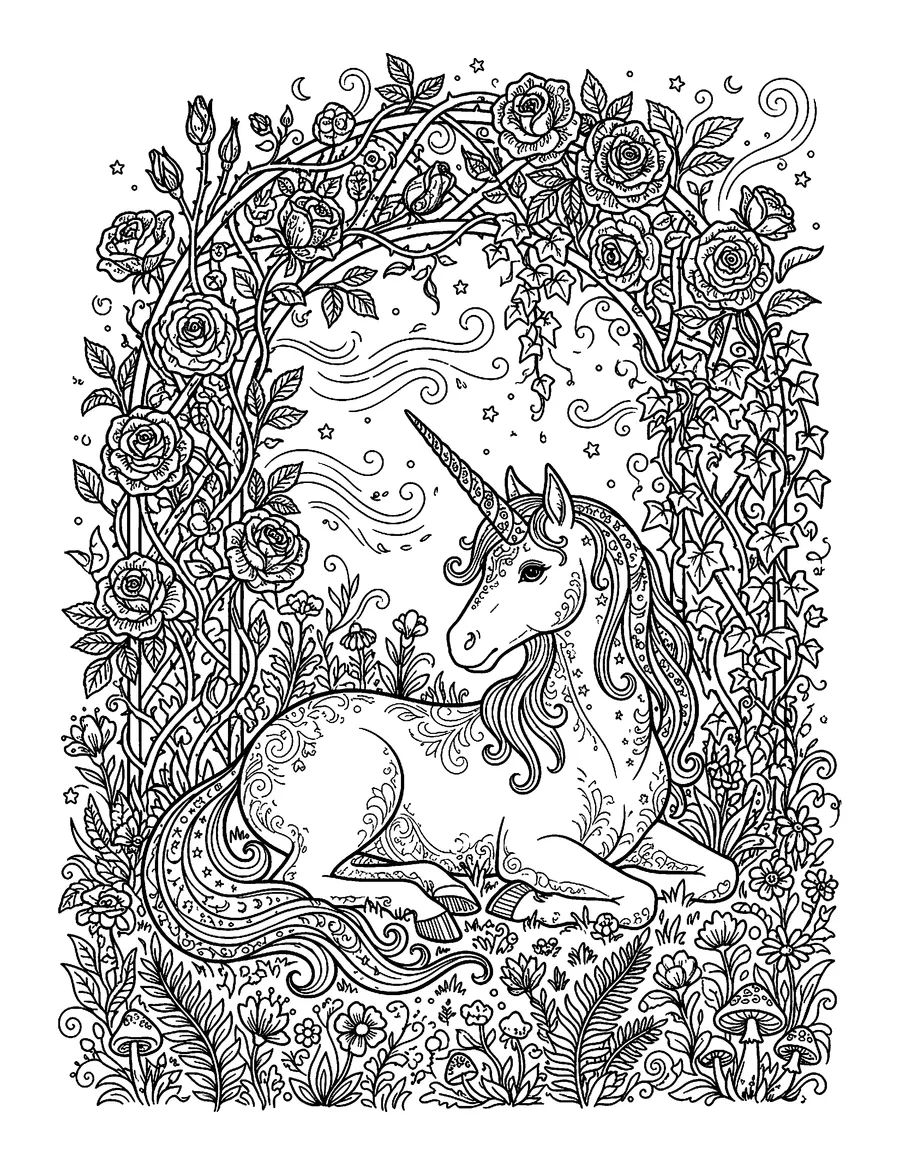 Coloring page: Serene unicorn resting in an enchanted rose arbor